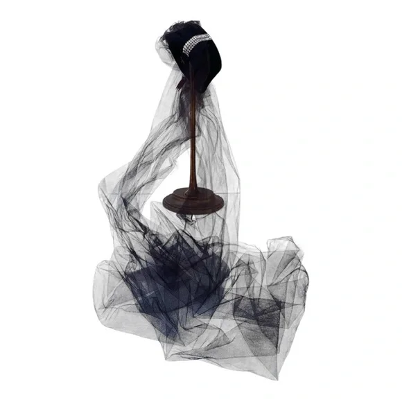 Vintage Tulle Train Art-Deco Rhinestone-Style Pillbox Hat - Picture 13 of 16